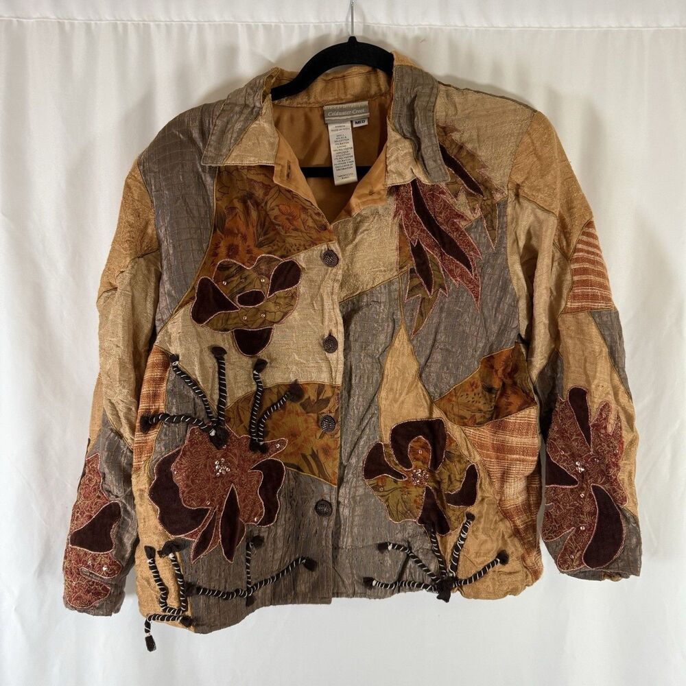 Coldwater Creek Jacket Women's Medium Brown Silk Blend Embellished Collared